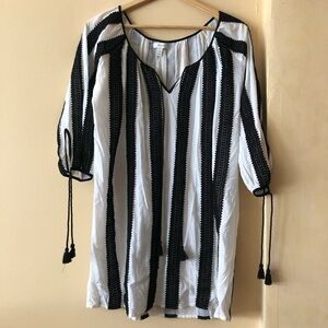 J. CREW Mini Dress Stripe Relaxed Balloon Sleeve Lace Tassle Boho Tunic Blouse